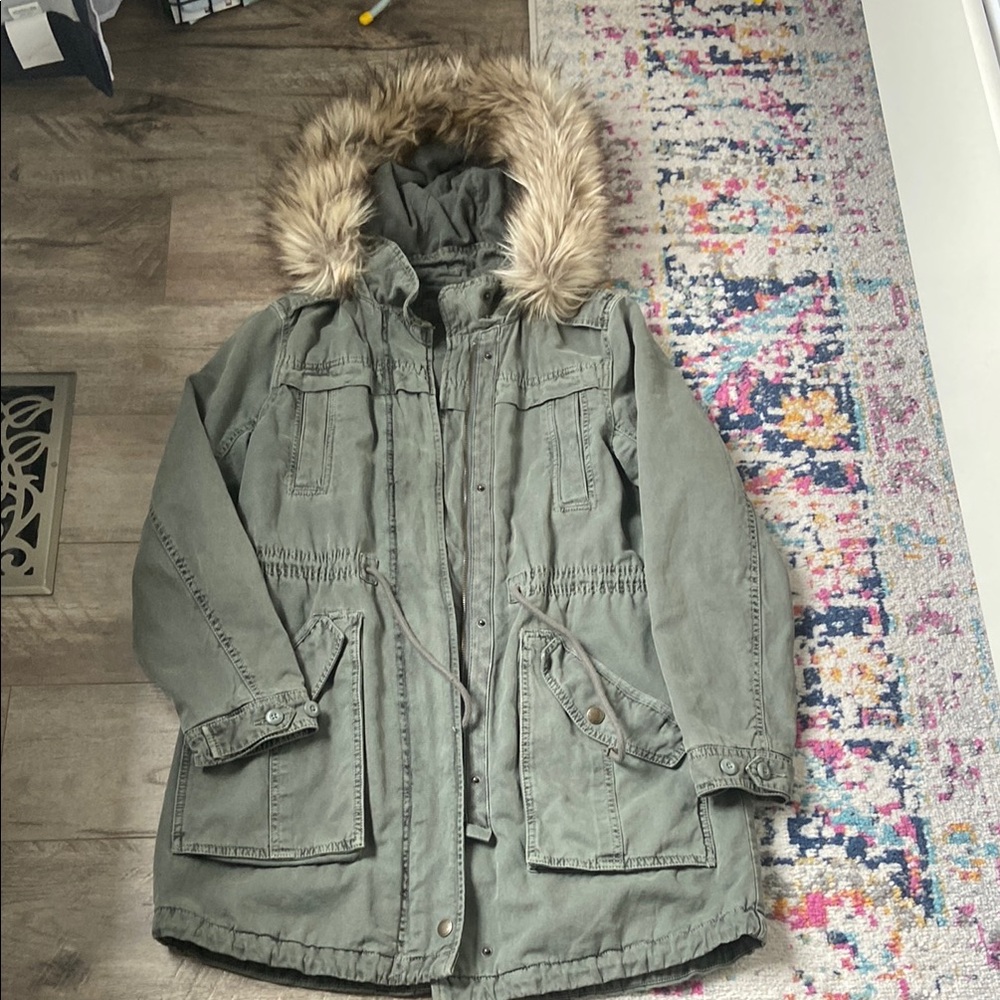 American Eagle Green Parka with Faux Fur Hood